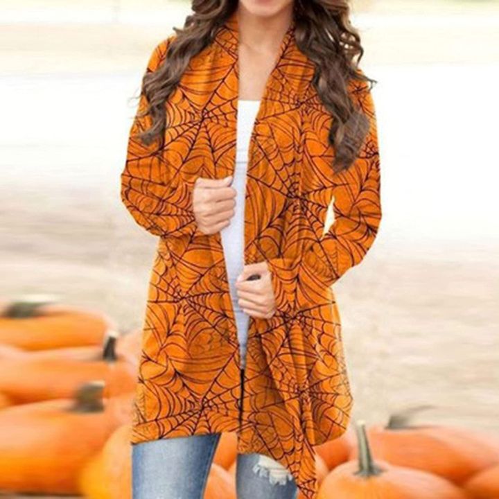 Ladies Halloween Long Sleeve Cardigan Funny Cute Pumpkin Black Ghost Pattern Top Lightweight Coat Elastic Loose Coat Chaquetas