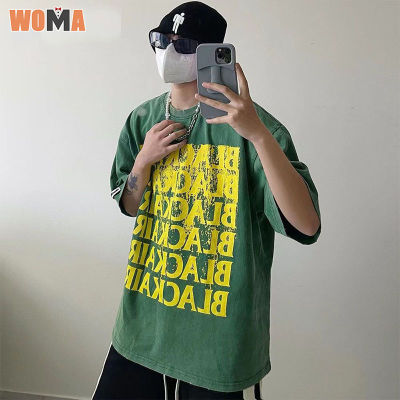 WOMA เสื้อยืดแขนสั้นสำหรับผู้ชายฉบับภาษาเกาหลีฮ่องกงเสื้อห้าแขนระบายรอบคอหลวมลำลองเทรนด์