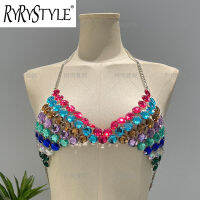 RYRYSTYLE ชุดการแสดงที่มีชื่อเสียงออนไลน์สำหรับไนท์คลับแบบแขวนเสื้อชั้นในแบบโซ่ประดับร่างกายบิกีนี่ประดับลูกปัดอะคริลิกสีสัน