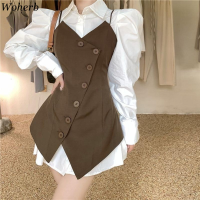 Woherb White Blouse Women Sweet Puff Sleeve Slim Fit Skirt Dresses Irregular Vest Coat Korean Temperament Suit Elegant 2 Pcs