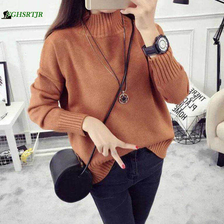 เสื้อถักฤดูหนาวสีทึบแขนยาวสำหรับผู้หญิง-เสื้อสเวตเตอร์ถักทรงหลวมเหมาะสำหรับใส่ไปช้อปปิ้ง