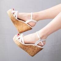 Bohemia wedge sandals white wood grain round TouShui fish mouth hollow out sandals female white girls sandals