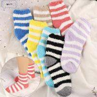 BULITE 5Pairs ปุย อ่อนนุ่ม ฤดูหนาวที่อบอุ่น หนา ถุงเท้านอน ถุงเท้ากำมะหยี่ปะการัง Stripe Sox