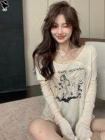 GW Loose Round Neck Long Sleeve Printed Top For Women 2022 New Apricot Student T-Shirts Ins
