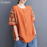 Cotton and linen large size womens summer loose pullover Western style buckle top slimming printed five-quarter sleeve t-shirt for women V729