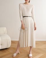 ◕◆► Aiden001 -One Size Summer Pleated Round Neck Lady Next Door Long Sleeve Slim Dress 7200