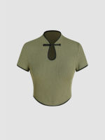 Cider Solid Mandarin Collar Button Short Sleeve Top