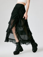 Cider กระโปรงผู้หญิง กระโปรงแฟชั่นผู้หญิง ลุควินเทจRuffle Sheer High Waist Maxi Skirt