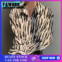 FAWORK M-3XL เสื้อเชิ้ตแขนยาวคอปกพิมพ์ลายม้าลายสำหรับผู้ชายเสื้อเชิ้ตวัยรุ่น