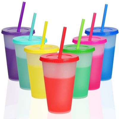 【High-end cups】 7ชิ้นเปลี่ยนสีชุดถ้วย24ออนซ์ถ้วยพลาสติกแก้วนำมาใช้ใหม่ที่มีฝาปิดและหลอดสำหรับผู้ใหญ่เด็กเย็น DrinkingTumbler