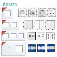 BSEED Mechanical Button Switches Glass Panle Frames For Light Switches EU Wall Plug CAT5/6 TV Satellite USB Sockets DIY Parts Power Points  Switches S