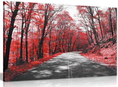 ต้นไม้ถนนสีดำและสีขาวใบไม้สีแดงรูปภาพศิลปะบนผืนผ้าใบสำหรับติดกำแพงพิมพ์