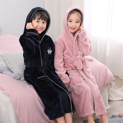 New Arrival Winter Bathrobe for Children Flannel Warm Lengthen Robe Thicken Hooded Dressing Gown Girl Boys Coral Velvet Pajamas
