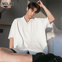 MOLAN เสื้อเสื้อแขนสั้น Harajuku เสื้อเชิ้ตผู้ชายศิลปะอารมณ์สีทึบเสื้อเชิ้ตผู้ชายผู้ชายแฟชั่น