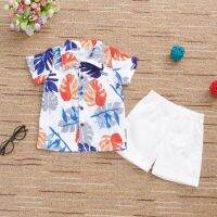 [COD] European and cross-border childrens casual suit boys short-sleeved tropical plant printed two-piece set spot