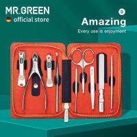 MR.GREEN ชุดอุปกรณ์แต่งเล็บ9 In 1 Professional Kit ความคมชัดการออกแบบหนังกล่องเคสเหล็กสแตนเลสเล็บ Clippers เครื่องมือดูแลส่วนบุคคล