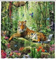 Tiger Shower Curtain Bathroom Decor Jungle Forest Animal Tropical Rainforest Landscape Bathroom Curtains Fabric Sets with Hooks