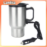 รถถ้วยอุ่นให้ร้อน12V รถแก้วร้อน450Ml ถ้วยกาแฟไฟฟ้าสแตนเลสสำหรับเดินทางกระบอกน้ำเก็บความร้อนฉนวนความร้อน