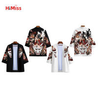 HIMISS เสื้อเสื้อถักผู้ชายกิโมโนญี่ปุ่นแขนสามส่วนพิมพ์ลายย้อนยุคเสื้อป้องกันแสงแดดทรงหลวม