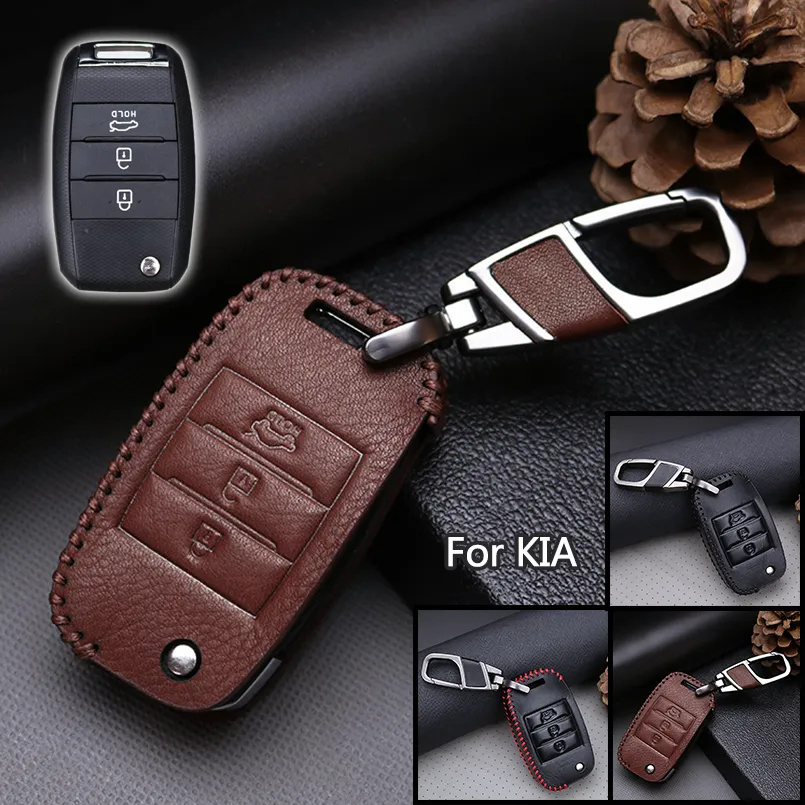 Leather Strap Car Key Case Cover for Kia K2 Rio Sorento K4 Cerato