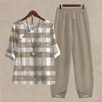 【DT】hot！ Piece Set 2023 O Neck Print Short Sleeve Shirt Waist Loose Pants Female Outfits