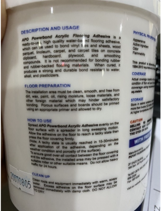 Apo Powerbond Vinyl Tiles Glue Acrylic Flooring Adhesive Gallon Size