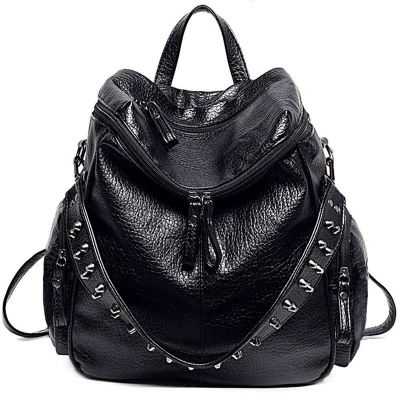 Women Backpack Purse 3 ways PU Washed Leather Rivet Studded Ladies Rucksack Shoulder Bag(Black)