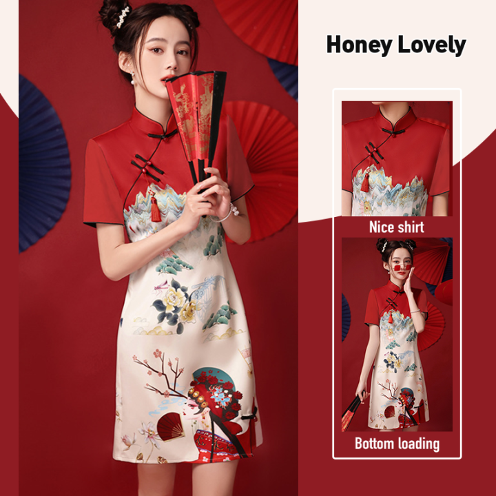 honey-lovely-ปรับปรุงเครื่องแต่งกาย-กี่เพ้า-ชุดจีนแบบ-ชุดจีนโบราณ-กระโปรงสั้นcosplay-สีแดง-ผ่าชายเสื้อ