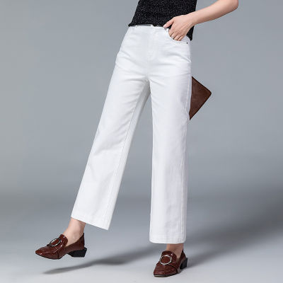 กางเกงยีนส์สีขาวกางเกงขาตรงสำหรับฤดูใบไม้ผลิและฤดูใบไม้ร่วงของผู้หญิงกางเกงเก้าส่วนสำหรับคนตัวเล็ก 2023 กางเกงขากว้างเอวสูงรุ่นใหม่จัดส่งฟรี