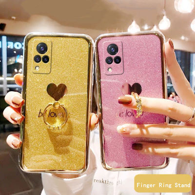 Case Vivo V21 5G V21e V20 SE V20 Pro 2021 เคส Casing Electroplating Heart Shaped Phone Case Protective Back Cover with Finger Ring เคสโทรศัพท