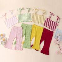 Toddler Baby Stripe Ribbed Two-pieces Set Infant Girls Square Collar Sleeveless Sling Vest Tops + Elastic Flare Long Pants Set  by Hs2023