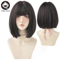 7JHH WIGS Short Wig 3 Colors Straight Human Hair Washable with Bangs Black Bob Wig for Girl Daily Wear New Style Natural Supple Summer Heatresistant Wig xng