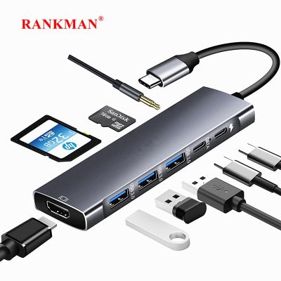 Rankman USB C Hub เป็น4K HDTV USB USB 3.0 2.0การ์ดความจำเครื่องอ่านการ์ด Aux Type C Dex TV PS5 Nintendo Feona