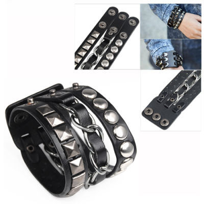 Punk Rock Rivet Multi Layers Circles Pyramid Stud Chain Leather Bracelet