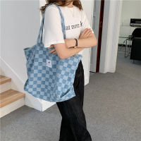 16241 Korean Style Chessboard Plaid Large Capacity Totes Denim Canvas Shoulder Bag For Female Students Cloth Handbag Wholesale