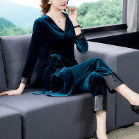 ผู้หญิงใหม่ Elegant สไตล์เสื้อสตรีคอวีกางเกงขาบานทองกำมะหยี่2ชิ้น