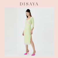 [DISAYA] - Metallic Lace-Trimmed Jersey Cut-out Midi Derss ชุดเดรสแขนยาวตัดต่อผ้าลูกไม้