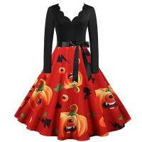 Womens Halloween Burning Flower V-neck Fashion Long Sleeve Casual Printed Big Plaid Dress