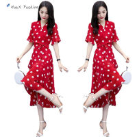 HuaX เสื้อผ้ากุลสตรี V คอ Polka Dot Retro แขนสั้นกลางความยาวชุด