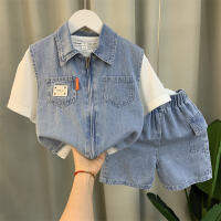 Boys Denim Suit 2023 New Western Style Fashion Baby Summer Short-Sleeved Clothes Childrens Ruan Handsome Three-Piece Suit