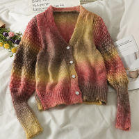 Sweet Vintage Autumn Rainbow Gradient Cardigan Coat Single-breasted V Neck Puff Long Sleeve Tie Dye Sweater Knitted Top