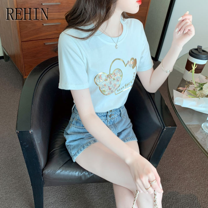 rehin-เสื้อยืดแขนสั้นสำหรับผู้หญิง-เสื้อยืดคอกลมสีขาวทรงหลวมอเนกประสงค์ลำลองพิมพ์การ์ตูนหมีแฟชั่นสไตล์เกาหลีแบบใหม่ฤดูร้อน