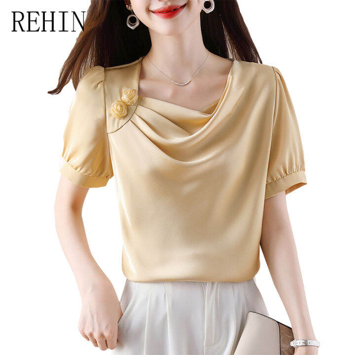 rehin-เสื้อผู้หญิงแขนสั้น-อารมณ์สง่างามใหม่ฤดูร้อนเสื้อชีฟองเดินทางลำลอง