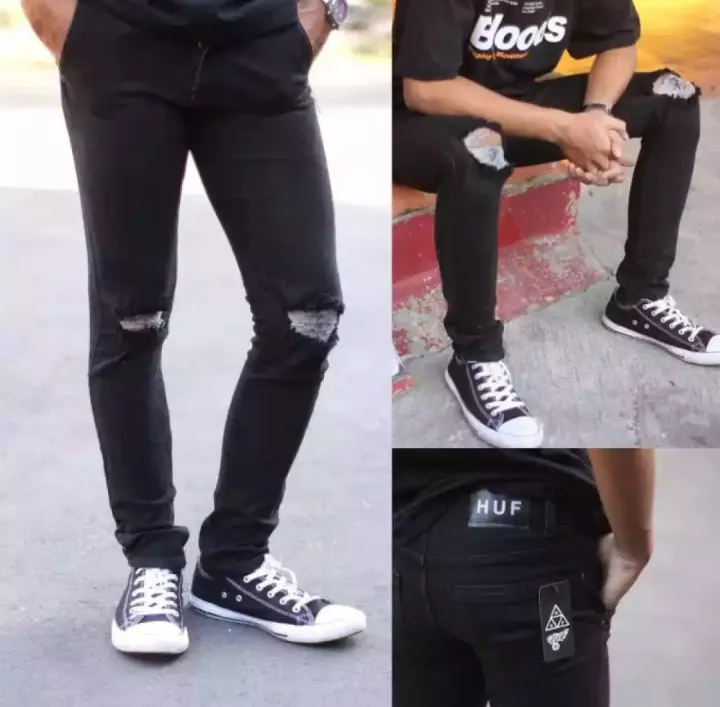 Celana Panjang Sobek Lutut Hitam Pria Jeans Dewasa Pensil Polos Slimfit