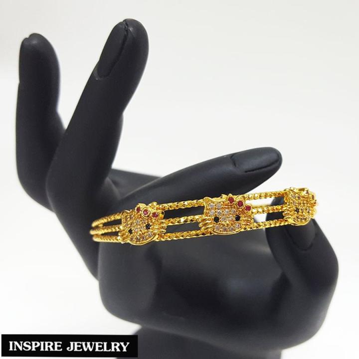 inspire-jewelry-กำไลแมว-ประดับเพชรcz-และพลอยชาตั้ม-ตัวเรือนหุ้มทองแท้-24k-ขนาด-56-mm-และสามารถปรับขนาดได้-พร้อมกล่องกำไลหรู