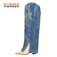 Western Women Denim Foldver เข่าสูงรองเท้าบูท Blue Jean Pointed Toe รองเท้าส้นสูงฤดูหนาว Plush Cowgirl Plush ยาวกางเกง Boots