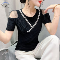 YIMEI เสื้อยืดประดับลูกปัดมีระบายสำหรับผู้หญิง,เสื้อยืด2023เข้ารูปแขนสั้นทรงพอดีตัวดีไซน์ใหม่สำหรับฤดูร้อนเสื้อยืดผู้หญิงสีดำกว่างโจวสวย