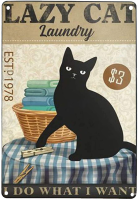 Tanlinxin Eeypy ป้ายโลหะดีบุกสำหรับห้องซักรีด-Lazy Black Cat ห้องน้ำห้องส้วมห้องซักรีดตกแต่งผนัง-8X12นิ้ว