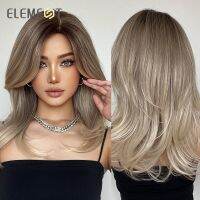 【LZ】❦  ELEMENT Synthetic Wig Medium Wavy Hair Ombre Brown Blonde Wigs for Women Daily Party Cool Heat Resistant Breathable Headband