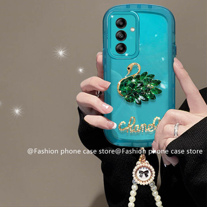 เคสโทรศัพท์-phone-case-เคส-samsung-galaxy-a54-a34-a24-a14-lte-4g-5g-หรูหราหรูหราพลอยเทียมหงส์สายคล้องไข่มุกปลอกเลนส์ซองนุ่มใสสีทึบ2023